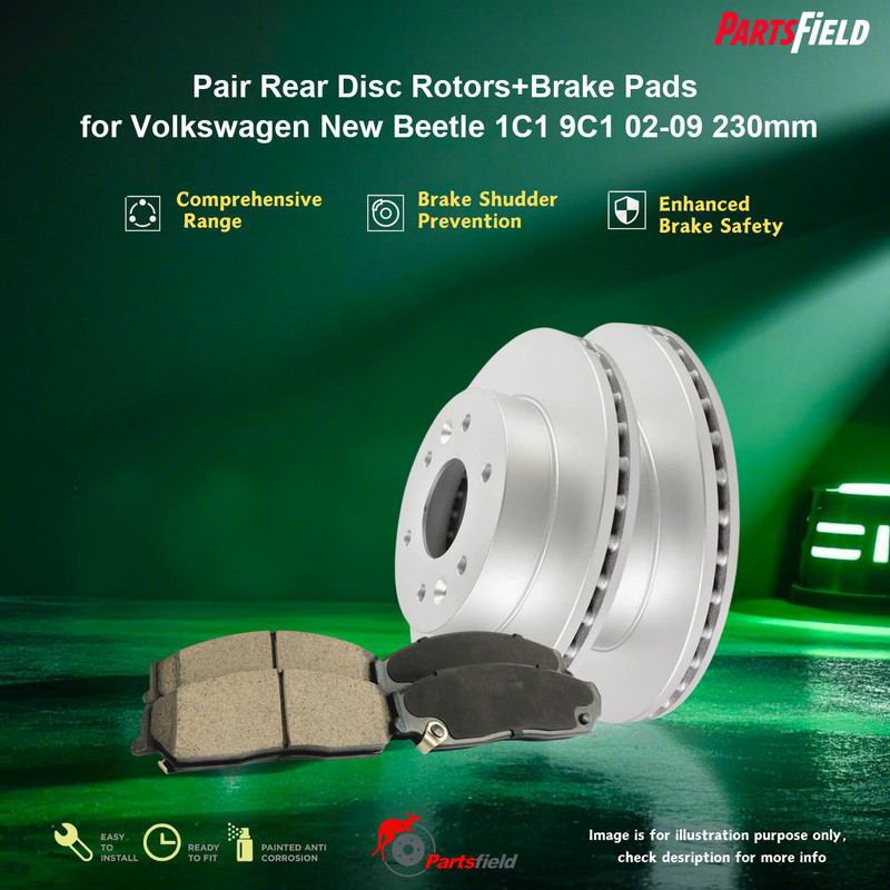 Pair Rear Disc Rotors+Brake Pads for VW New Beetle 1C1 9C1 2002-2009 230mm