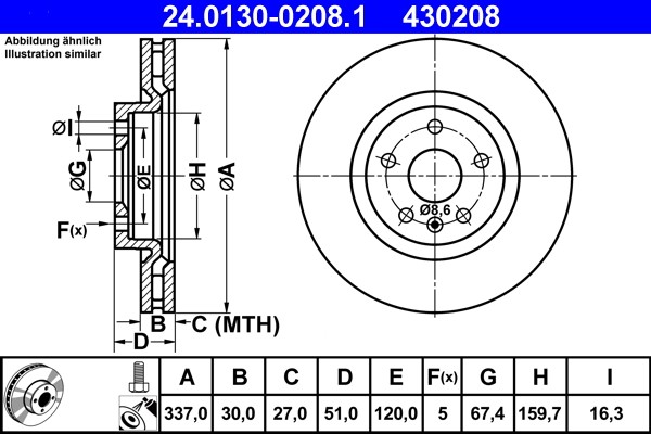ATE 24.0130-0208.1 Brake Disc for Opel, Saab, Vauxhall