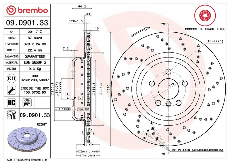 Brake Disc Single Vented fits BMW 630 G32 3.0 2019 on 370mm Brembo 34216878180 gallery