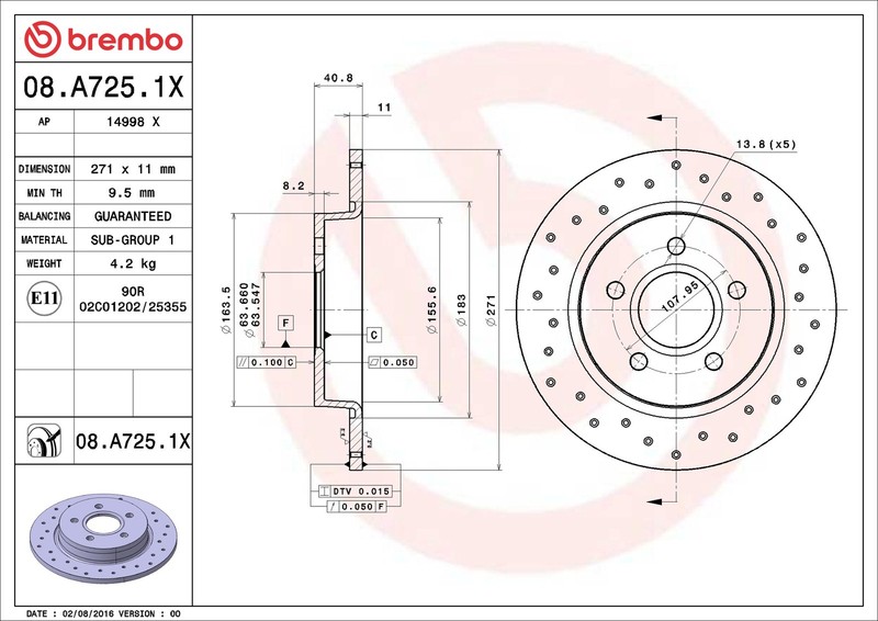 2x Brake Discs Pair fits FORD FOCUS Mk3 TDCi 1.6D Rear 10 to 20 271mm Set Brembo gallery