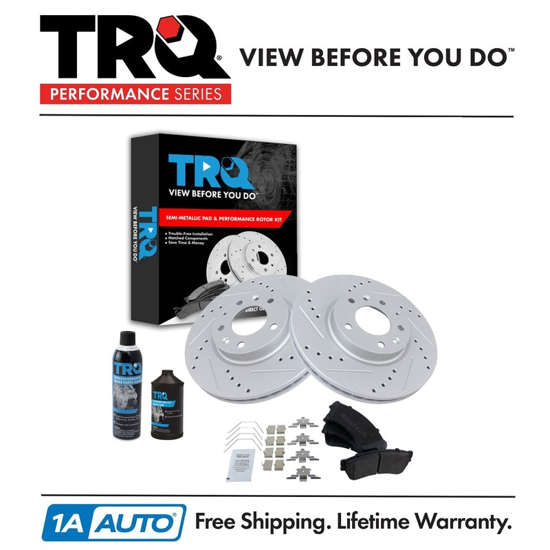 TRQ Brake Rotor Coated & Semi-Metallic Pad Front Kit w/Chemicals