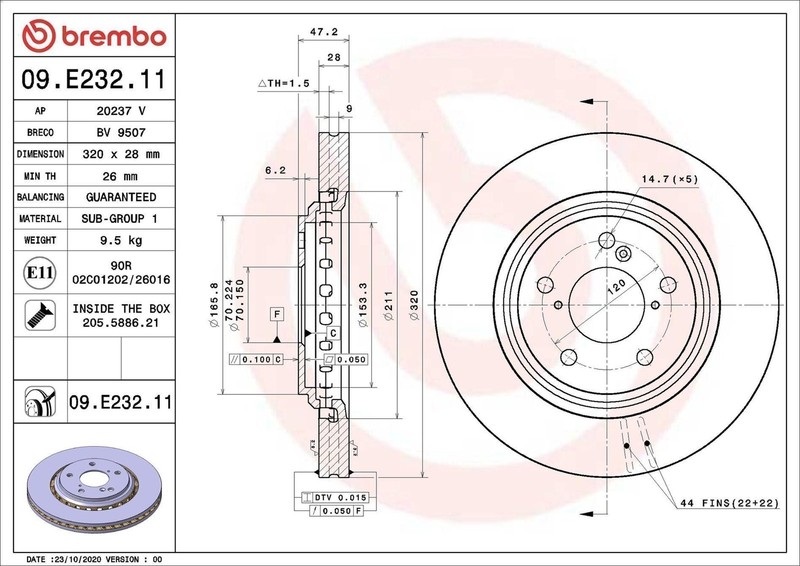 1X Brake Disc Brembo 9.E232.11 for Honda Pilot 3 2017-