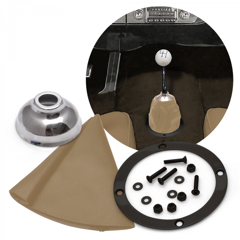 Tan Vertical Shifter or Emergency Brake Boot with Black Trim Ring Silver Cap