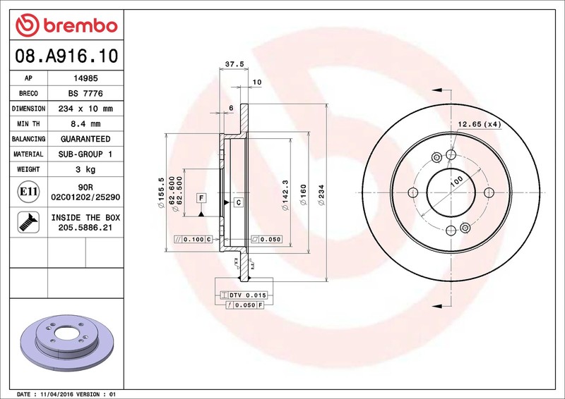 2x Brake Discs Pair Solid fits KIA PICANTO JA, TA 1.2 Rear 2011 on 234mm Set New gallery