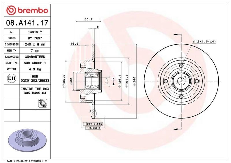 1x Brembo 08.A141.17 Rear Solid Brake Discs Fits Renault Clio Megane Modus / Gra gallery