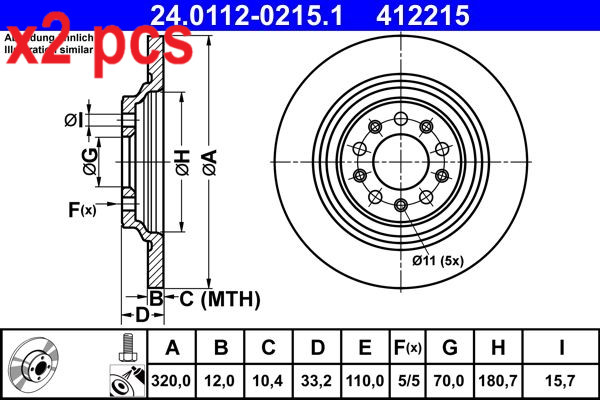 X2 PCS L&R SIDES FITS JEEP CHEROKEE 2.0 T-GDI BRAKE DISC 24.0112-0215.1 ATE