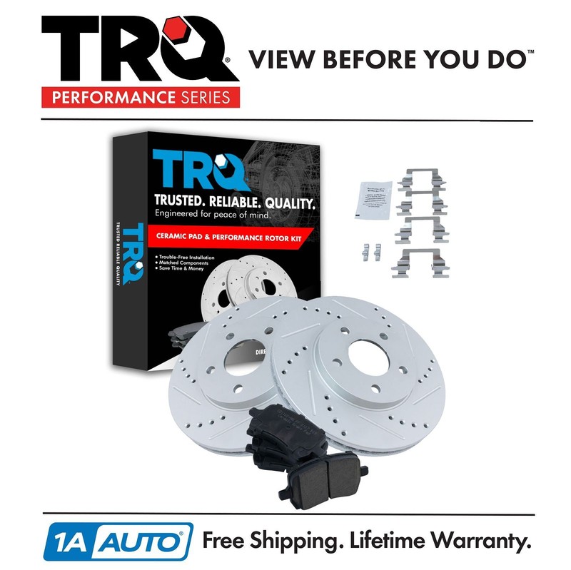 TRQ Front Ceramic Brake Pad & Performance Cross Drilled Slotted Rotor Kit