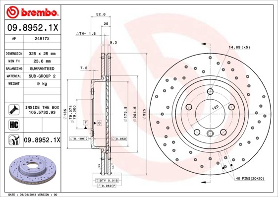 Brembo 09.8952.1X Brake Disc for BMW