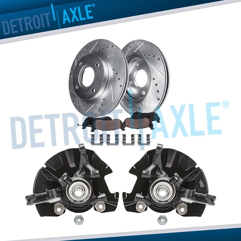 Front Steering Knuckles Hub Bearing Drilled Rotors Brake Pads for Hyundai Accent