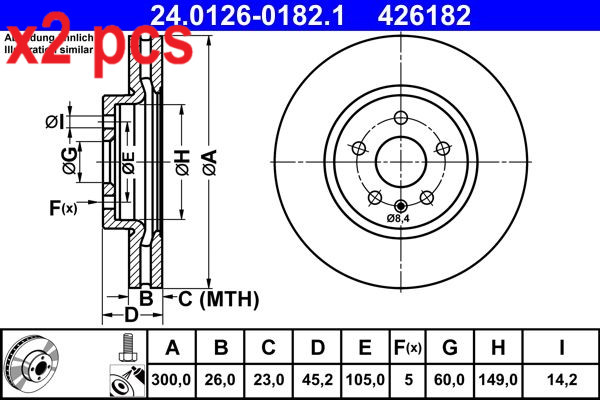 X2 PCS L&R SIDES FRONT FITS CHEVROLET TRAX 1.4 BRAKE DISC 24.0126-0182.1 ATE