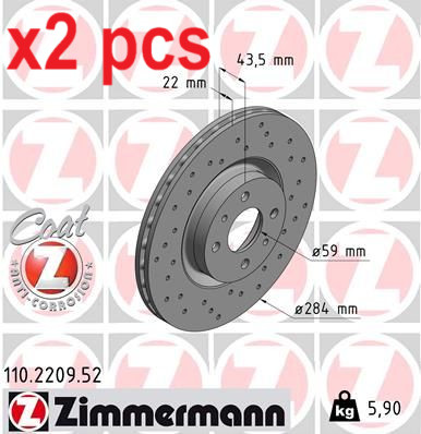 X2 PCS L&R SIDES FITS ABARTH 500C / 595C / BRAKE DISC 110.2209.52 ZIMMERMANN
