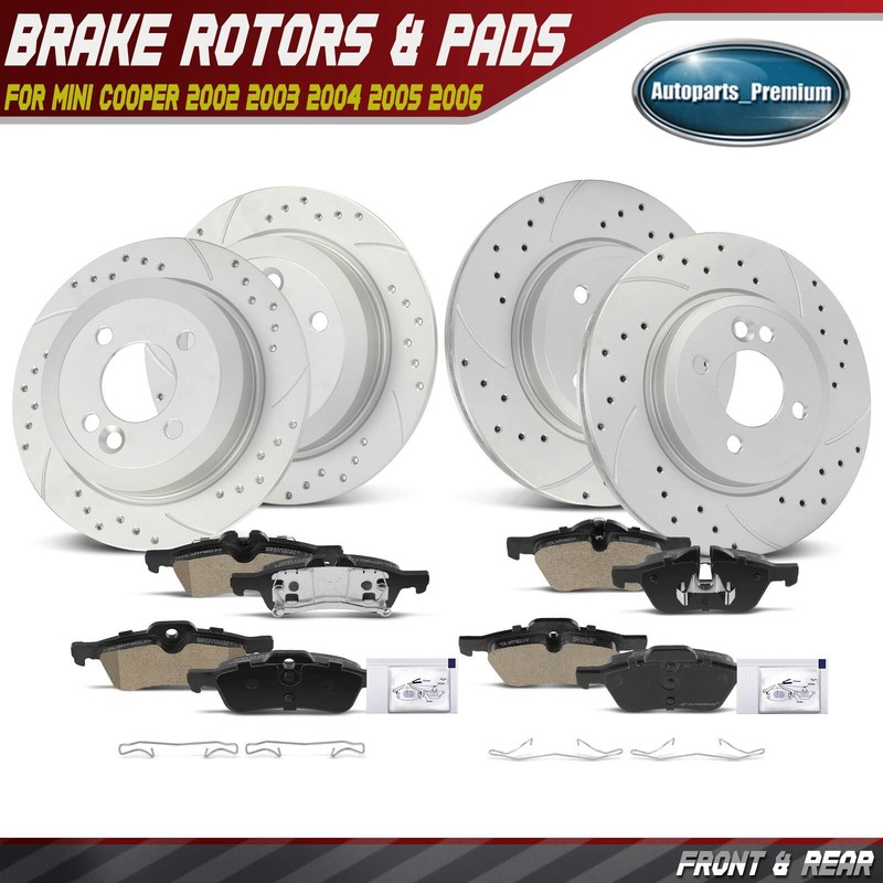 Front & Rear Drilled Brake Rotors + Ceramic Brake Pads for Mini Cooper 2002-2006