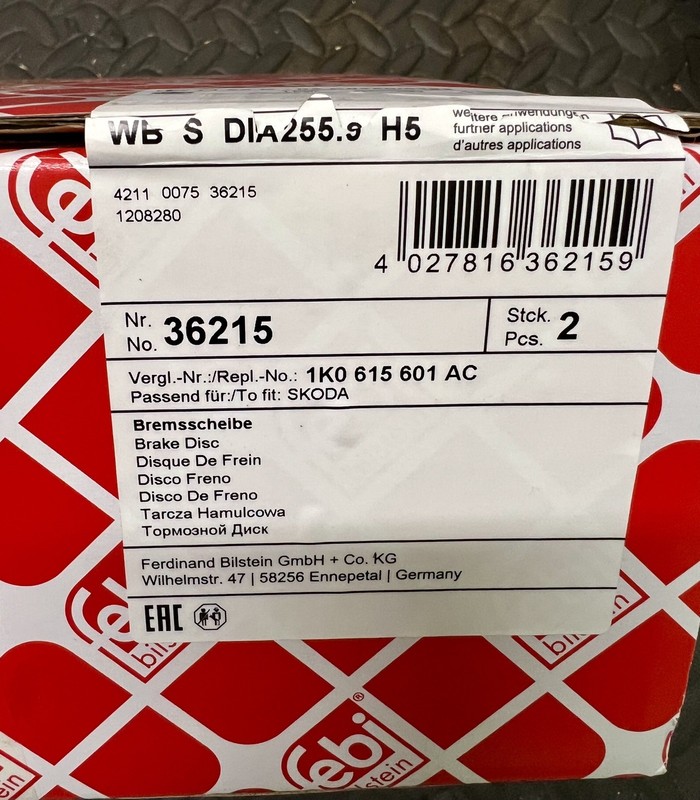 2x Brake Discs Pair Solid Rear 256mm 36215 Febi Set 1K0615601AC 1K0615601AJ New gallery