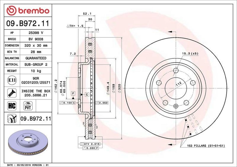 1x Brembo 09.B972.11 Front Vented Brake Discs Fits Audi A4 A4 Allroad A4L A5 A6 gallery