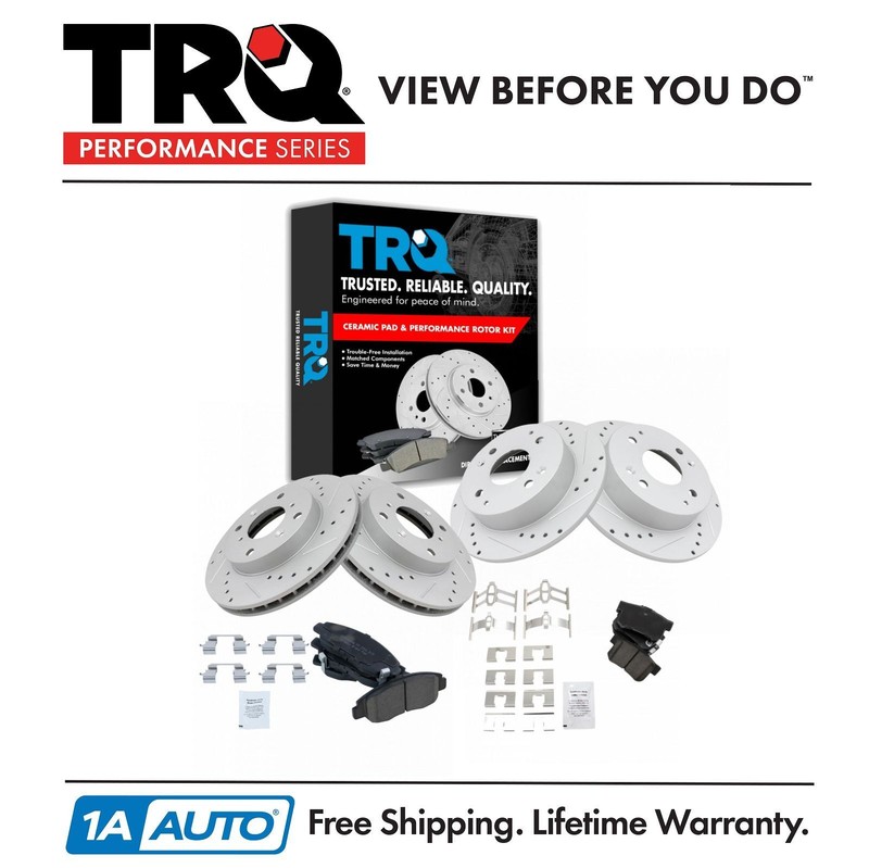 TRQ Front & Rear Performance Drilled Slotted Rotor & Ceramic Brake Pad Kit