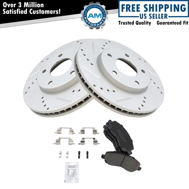 Brake Rotor Drilled Slotted Coated & Ceramic Pad Front Set for Chrysler