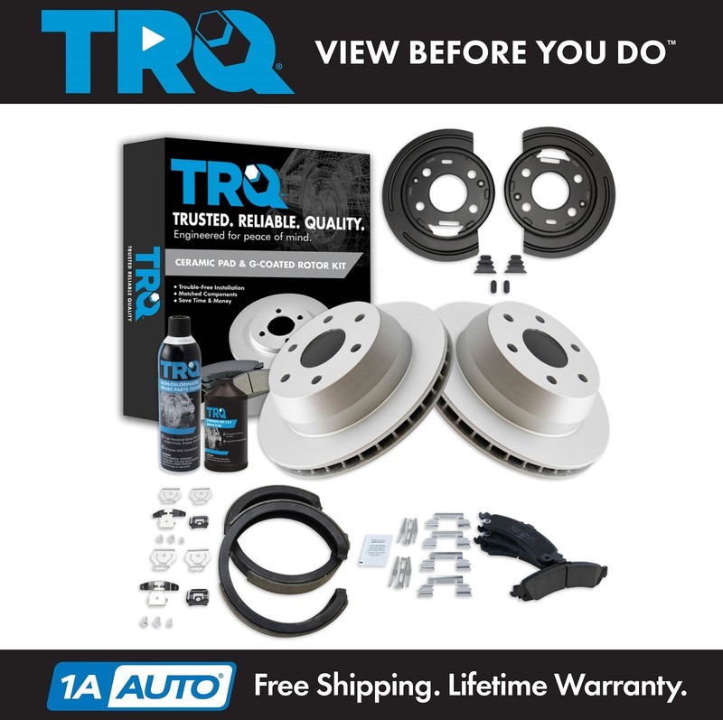 TRQ Rear Ceramic Pad Coated Rotor Parking Shoe & Backing Plates w/Fluids for GM