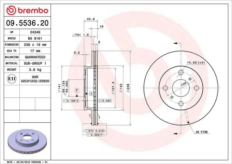 2X Brembo 09.5536.20 Front Vented Brake Discs Fits Toyota Paseo Starlet Tercel gallery