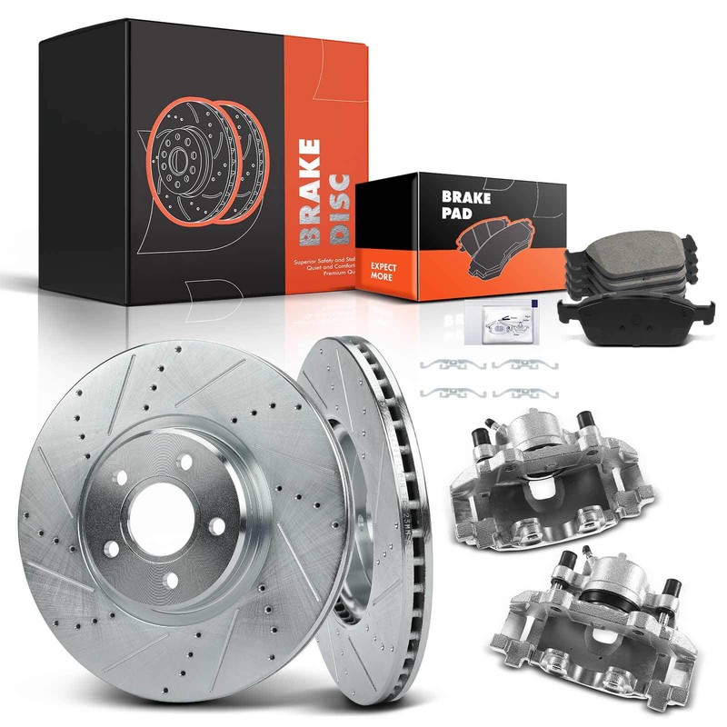 Drilled Brake Rotor Brake Pads + Brake Caliper for Ford Escape 2013-2017 Front
