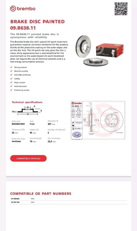 Brembo 9. B386.11 Front Brake Disc Rotor Mini Cooper Countryman R60 Paceman R61 gallery