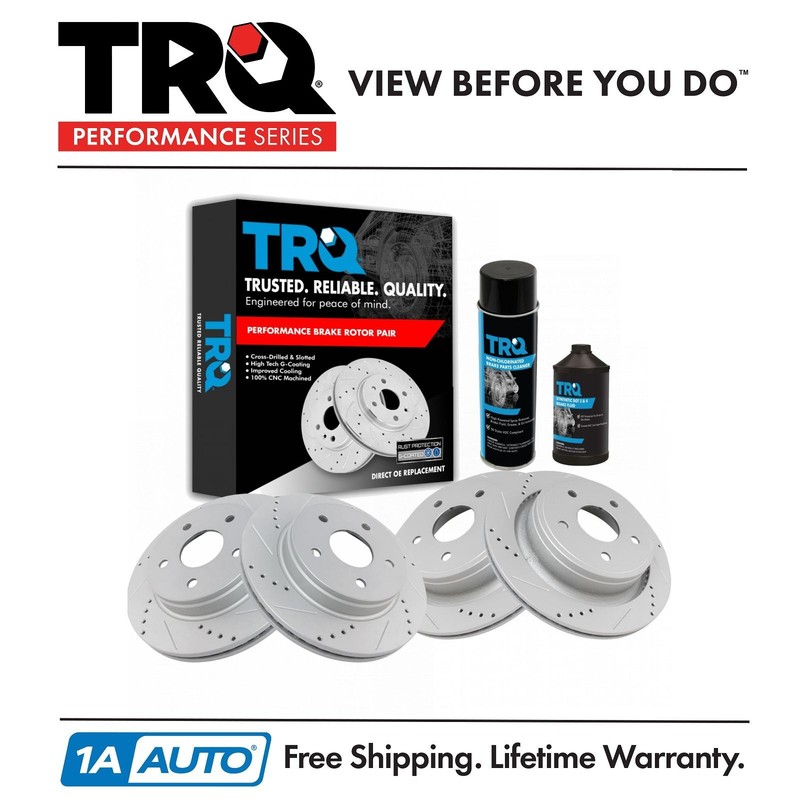 Front Rear Performance Drilled Slotted Coated Rotors with Brake Fluid & Cleaner