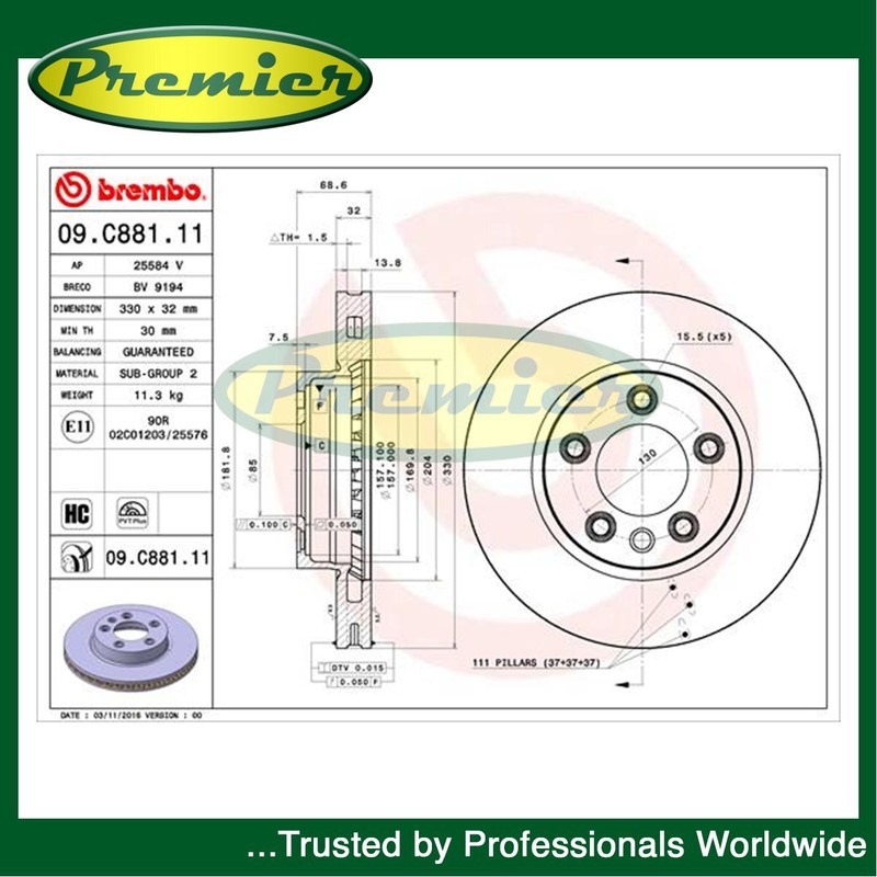 Premier Front Brake Disc Fits VW Touareg 2002-2018 Porsche Cayenne 2002-2010