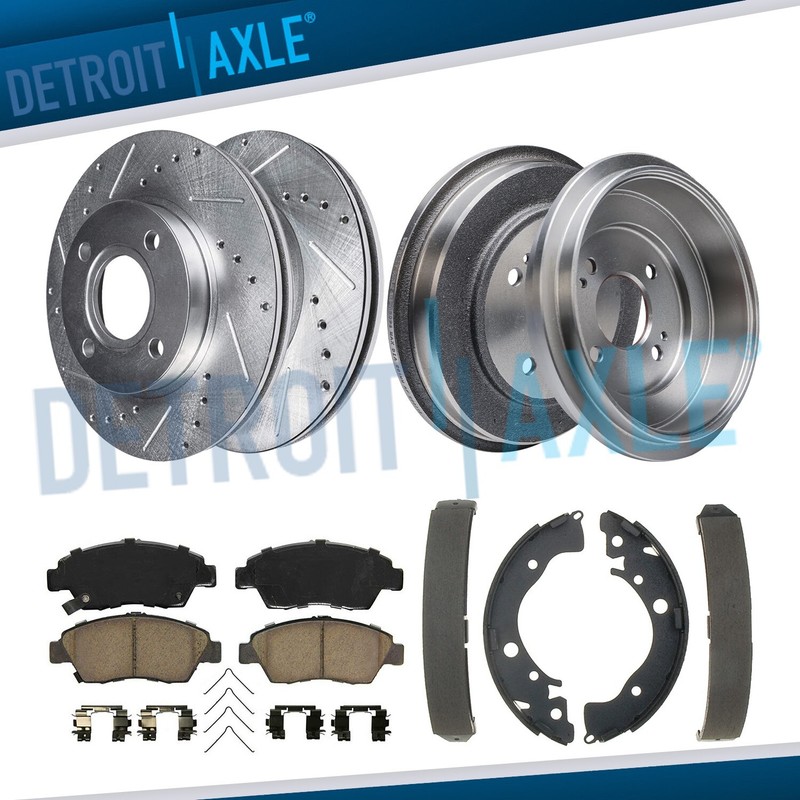 Front Drilled Rotors and Pads Rear Brake Drums and Shoes for 2009-2013 Honda Fit