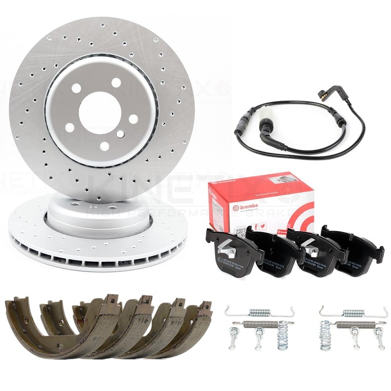 FOR BMW 535d 550i 635d 650i DRILLED REAR BRAKE DISCS BREMBO PADS SHOES SENSOR