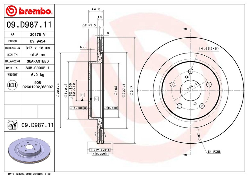 Brembo 09.D987.11 Brake Disc for Lexus, Suzuki, Toyota