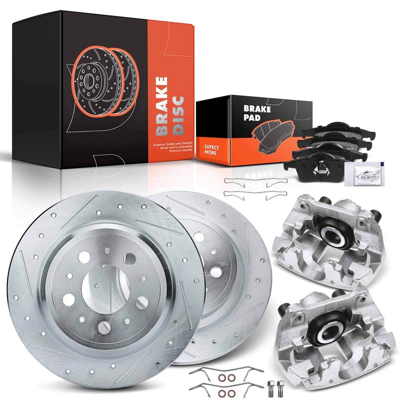 Rear Drilled Brake Rotors & Pads + Brake Calipers for Volvo S60 01-09 V70 01-07