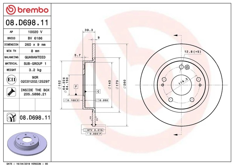 Brembo 08.D698.11 Prime UV Coated Solid Brake Rotors - Rear Pair gallery