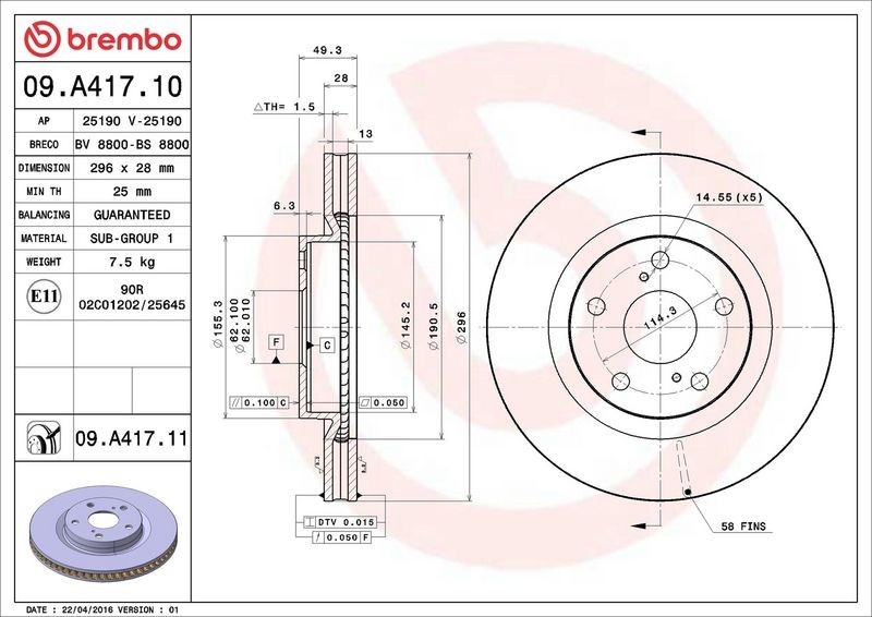 2X Brembo 09.A417.11 Front Vented Brake Discs Fits Toyota Aurion Auris Avalon Ca gallery