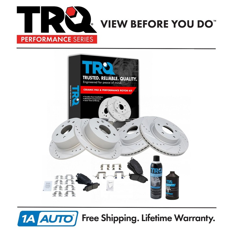 TRQ Rotor & Brake Pad Ceramic Performance Front Rear Kit w/Chemicals