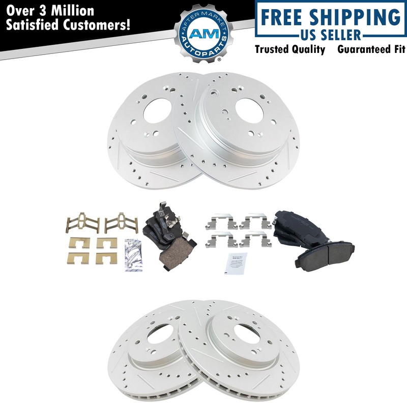 Front Rear Posi Ceramic Brake Pad & Performance Drilled Slotted Rotor