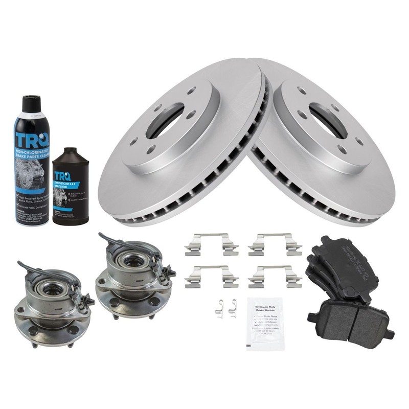TRQ Front Semi-Metallic Brake Pad Coated Rotor & Wheel Bearing Hubs w/Fluids gallery