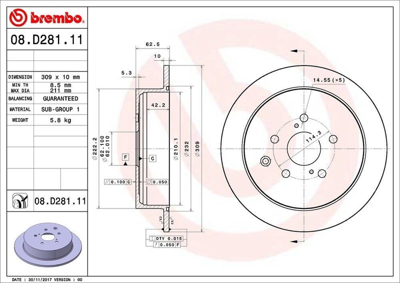 Rear Rotor Fits 2011-2020 Toyota Sienna 08.D281.11