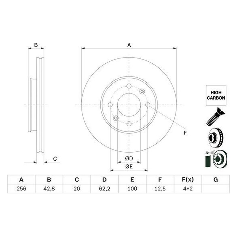 Bosch brake disc vented ø256 mm 0 986 479 G86 for Kia Picanto Ta Yes