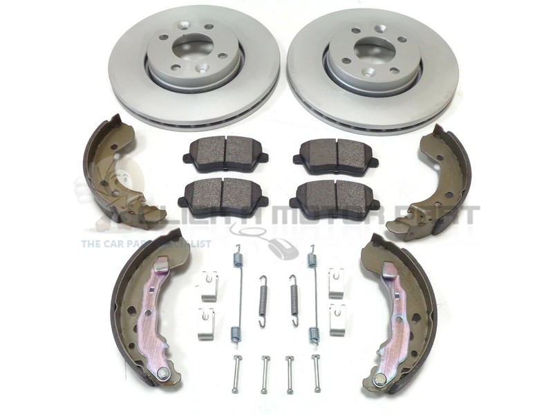 FRONT 2 BRAKE DISCS AND PADS & REAR SHOES & FITTING KIT FOR NISSAN NOTE 06-12