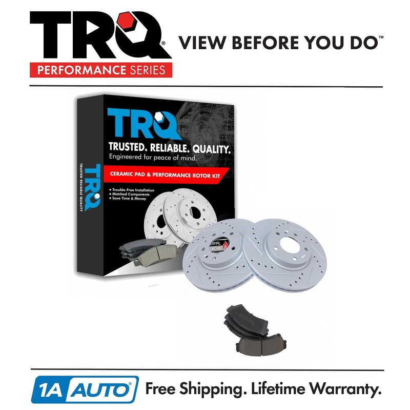TRQ Brake Rotor Drilled & Slotted Coated & Ceramic Pad Front Set for Ford