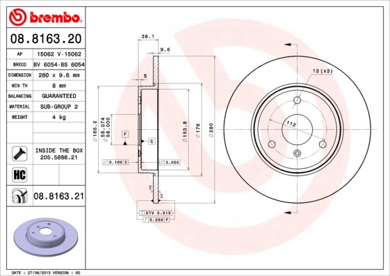 Brembo 08.8163.21 Brake Disc for Smart