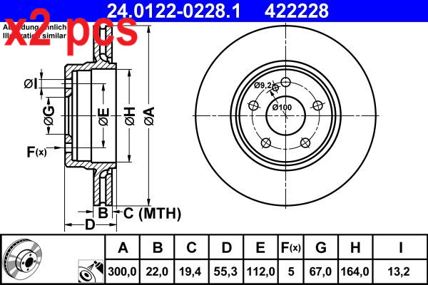 X2 PCS L&R SIDES FITS CHRYSLER CROSSFIRE SRT-6 BRAKE DISC 24.0122-0228.1 ATE