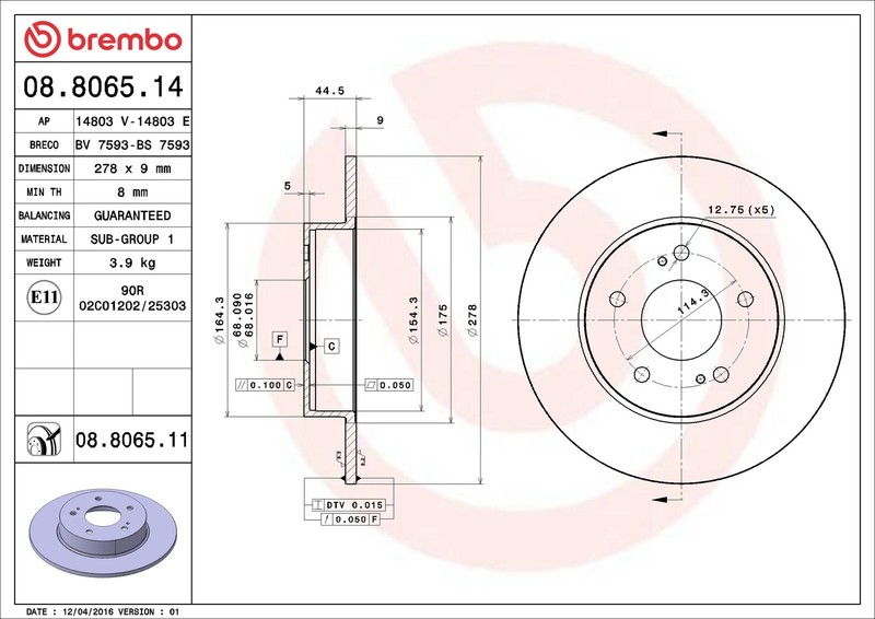 Brembo 08.8065.14 Brake Disc for Infiniti, Nissan