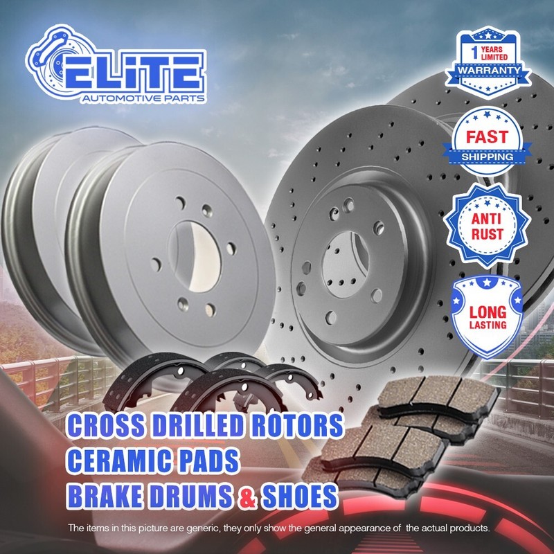 F Drilled Rotors & Pads + R Drum Shoes for 1995-1996 Chevy Lumina F 267mm R Drum