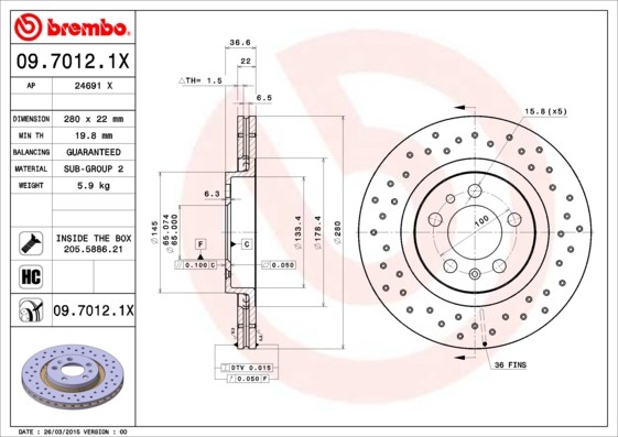 Brembo 09.7012.1X Brake Disc for Audi, Seat, Skoda, VW, VW (FAW), Zhonghua (Brillianc