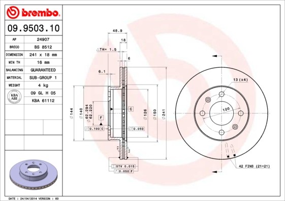 2X 09.9503.10 Brembo Brake Disc for Hyundai,Inokom,Kia,Naza