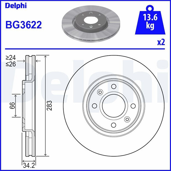 Delphi BG3622 Front Brake Disc Set 283mm for Citroen DS Peugeot Vauxhall gallery