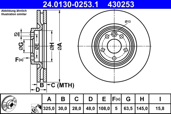 2X 24.0130-0253.1 ATE Brake Disc for Jaguar, Land Rover