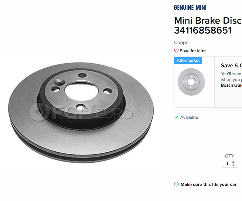 Mini Brake Disc – Genuine Mini; OE Numbers 34116774985, 34116851 (not installed)