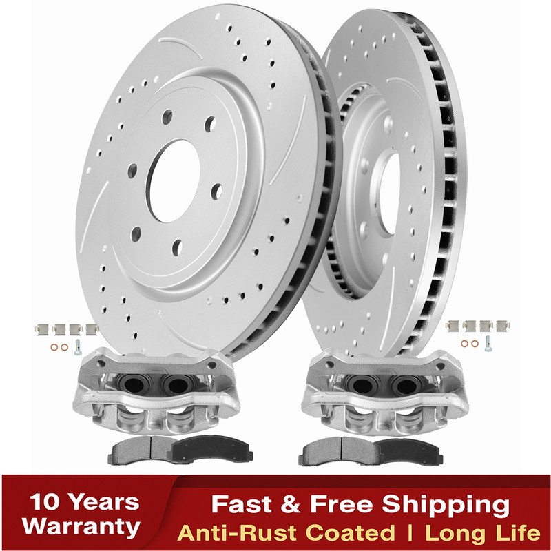 Front Drilled Rotors Calipers + Brake Pads for Ford Expedition F-150 Navigator