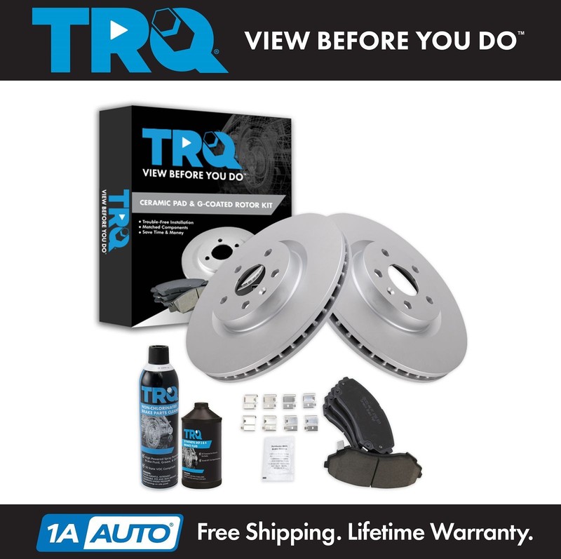 TRQ Front Ceramic Brake Pad & Coated Rotor Kit w/Chemicals for Cadillac CTS